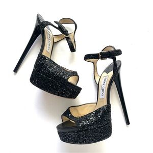 JIMMY CHOO‎ Jenna 150 Platform Stiletto Heels EU 37.5 BLACK GLITTER Ankle Strap